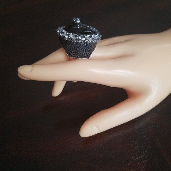 Women's Silver 925 Aquamarine Black Onyx Stingray Skin Snake Ring Size 8 - Picture 15 of 15